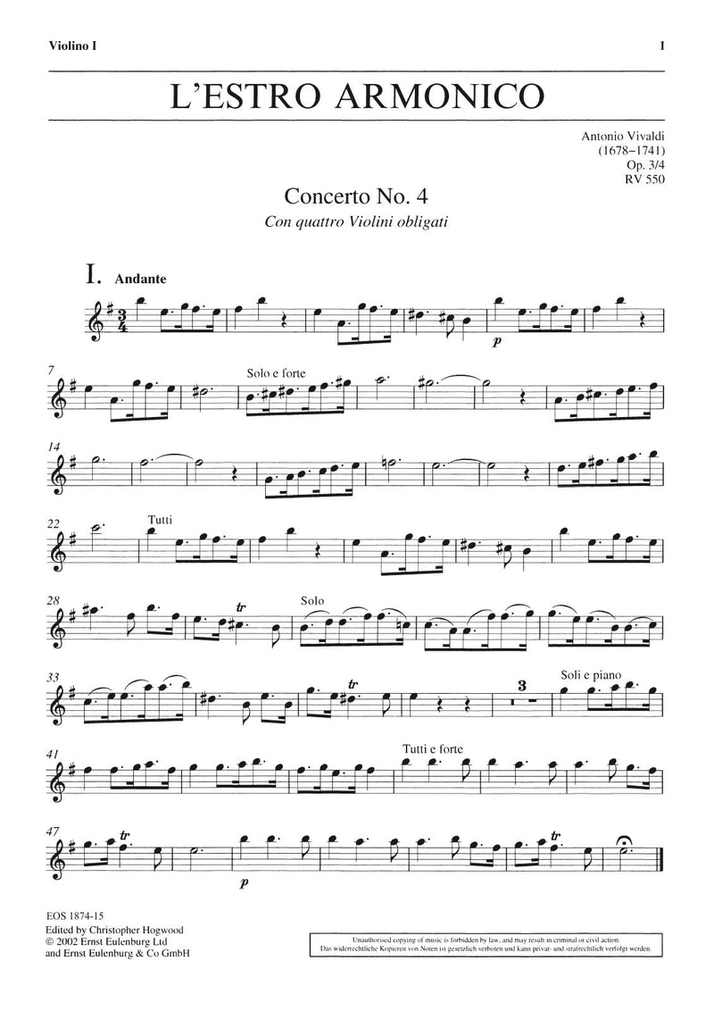 L'Estro Armonico op. 3/4 RV 550 (Violin 1 part)