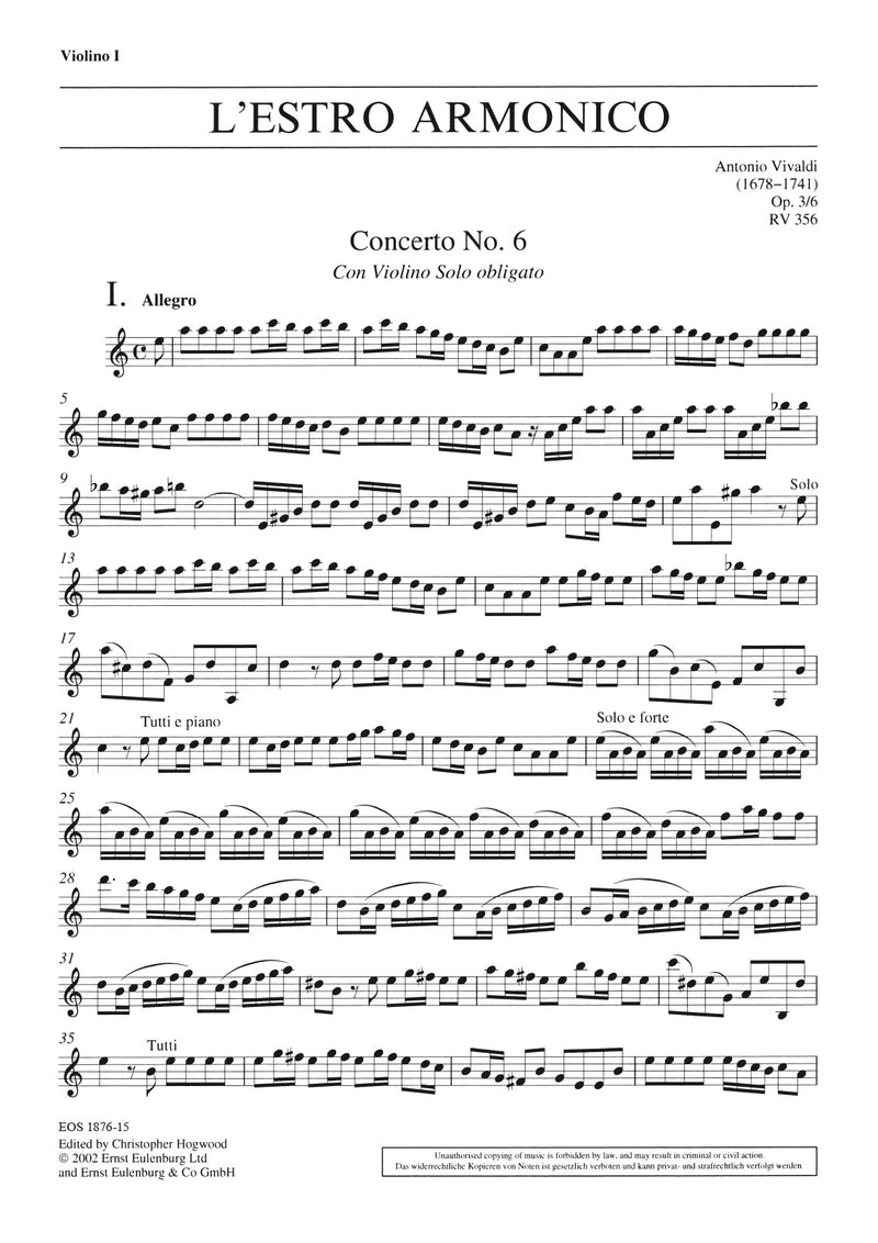 L'Estro Armonico op. 3/6 RV 356 (Violin 1 part)