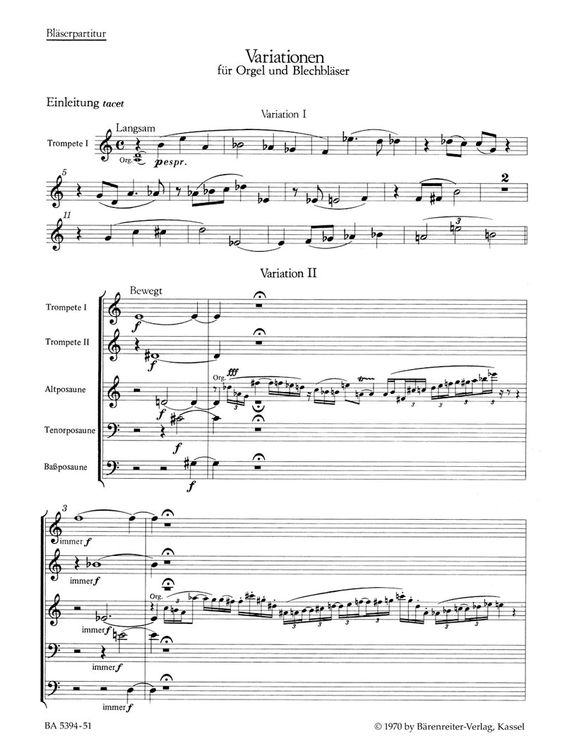 Variationen für Orgel und Blechbläserchor = Variations for Organ and Brass Ensemble (Wind instruments score)