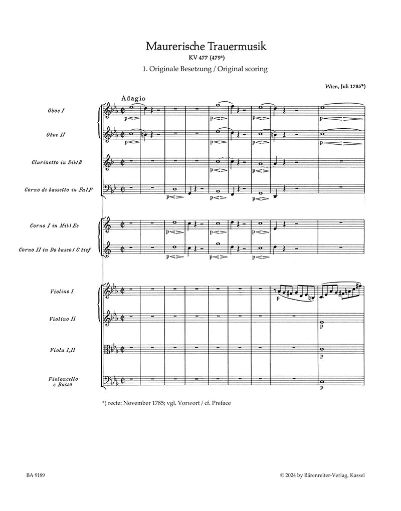 Masonic Funeral Music K. 477 (479a) (Score)