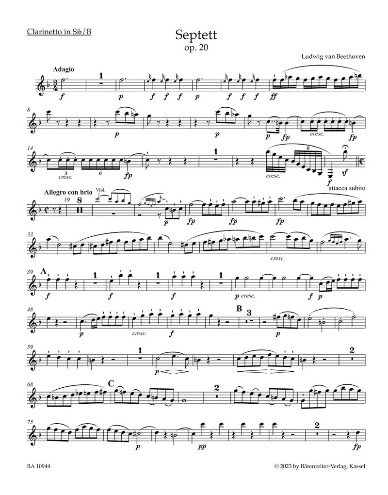 Septet for Clarinet, Bassoon, Horn, Violin, Viola, Violoncello and Double Bass in E-flat major op. 20 (Set of Parts)