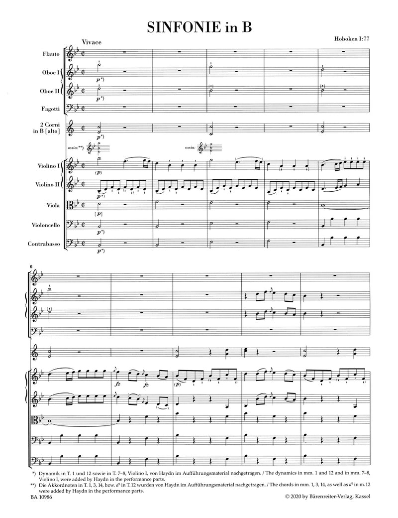 Sinfonie B-Dur = Symphony in B-flat major Hob. I:77 (Score)