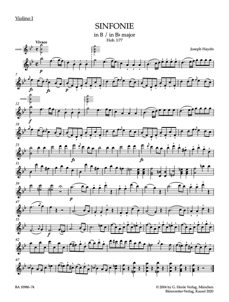 Sinfonie B-Dur = Symphony in B-flat major Hob. I:77 (1. Violin part)