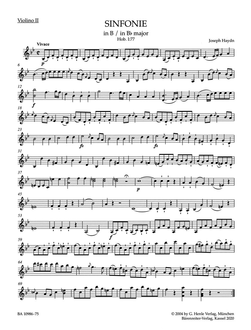 Sinfonie B-Dur = Symphony in B-flat major Hob. I:77 (2. Violin part)