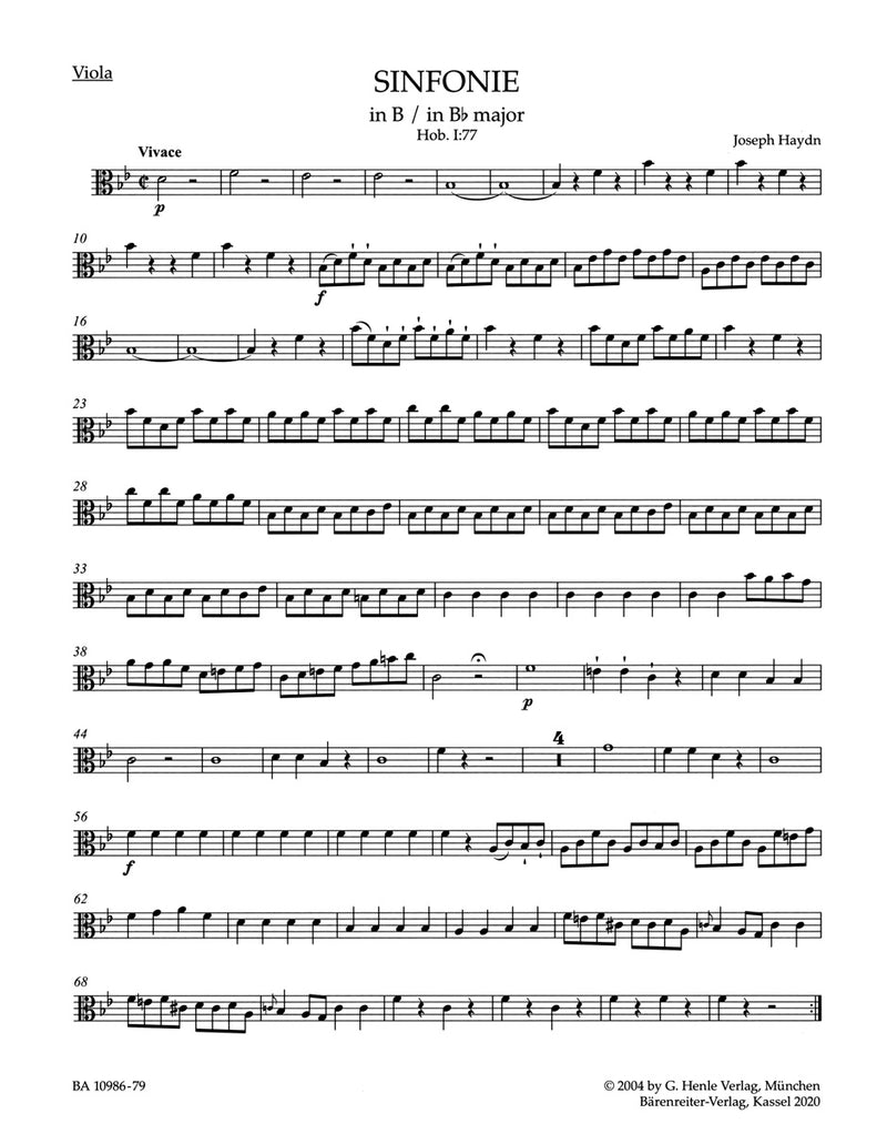 Sinfonie B-Dur = Symphony in B-flat major Hob. I:77 (Viola part)