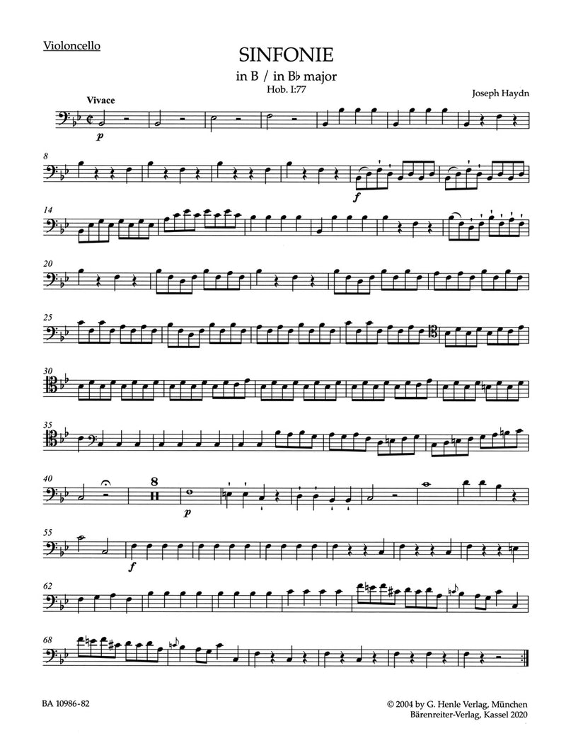 Sinfonie B-Dur = Symphony in B-flat major Hob. I:77 (Violoncello part)