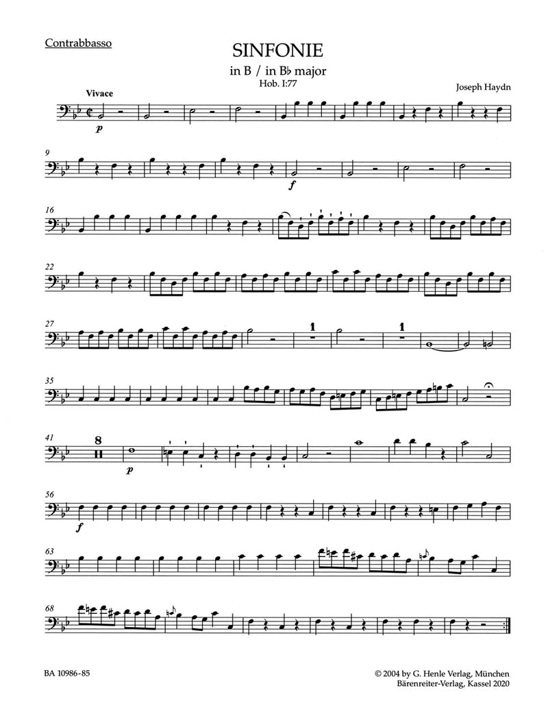 Sinfonie B-Dur = Symphony in B-flat major Hob. I:77 (Double bass part)