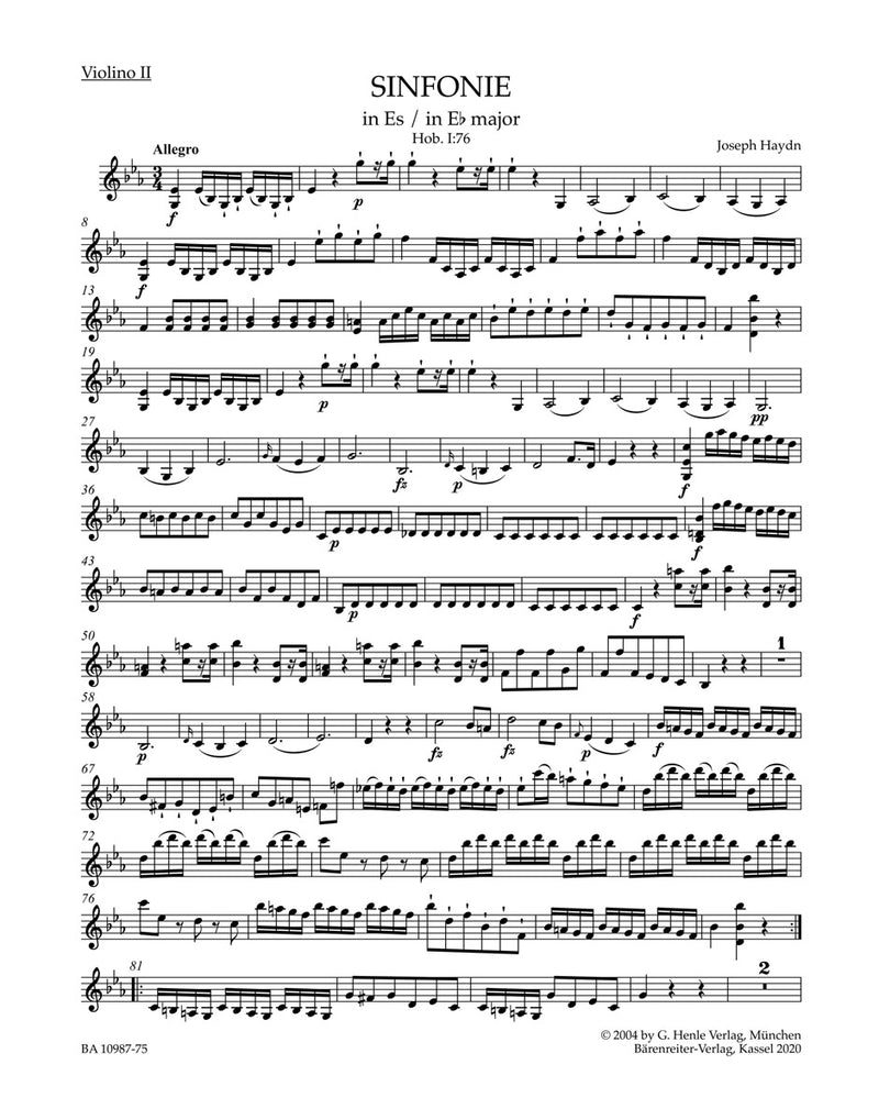 Sinfonie in Es = Symphony in E-flat major Hob. I:76 (2. Violin part)