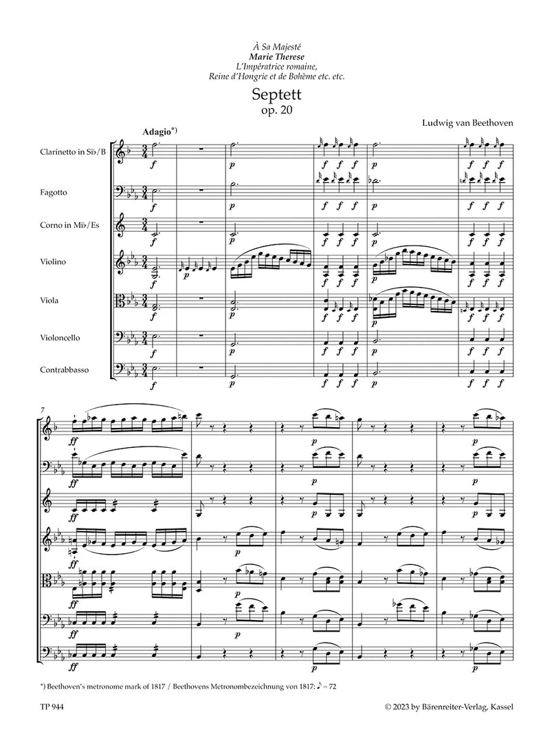 Septet for Clarinet, Bassoon, Horn, Violin, Viola, Violoncello and Double Bass in E-flat major op. 20（ポケット・スコア）