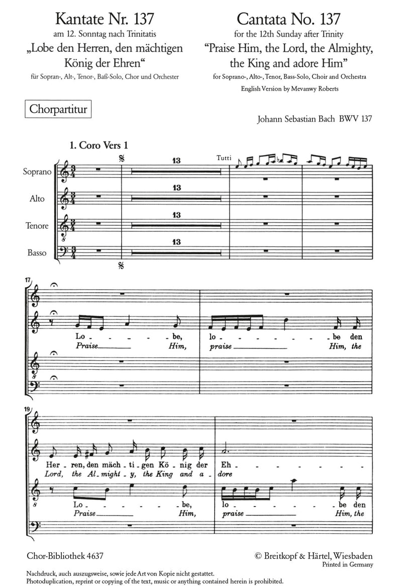 Kantate BWV 137 "Lobe den Herren, den mächtigen König der Ehren" [合唱楽譜]