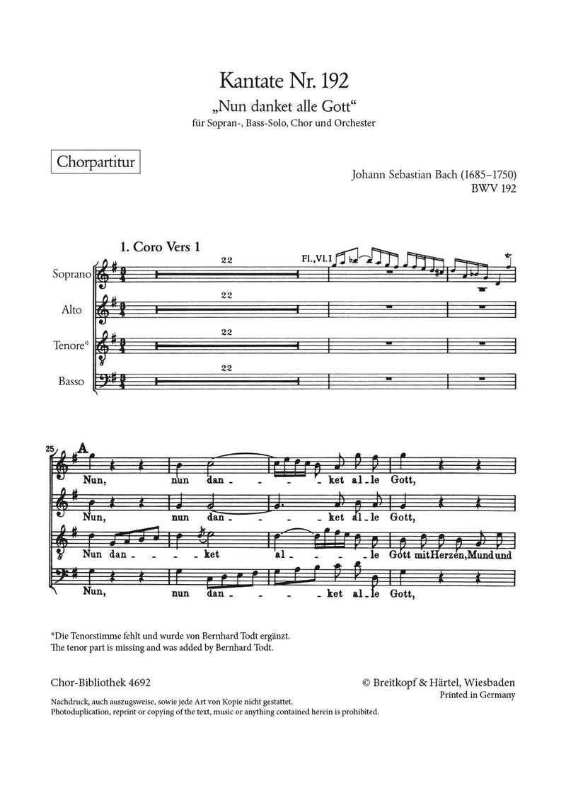 Kantate BWV 192 "Nun danket alle Gott" [合唱楽譜]