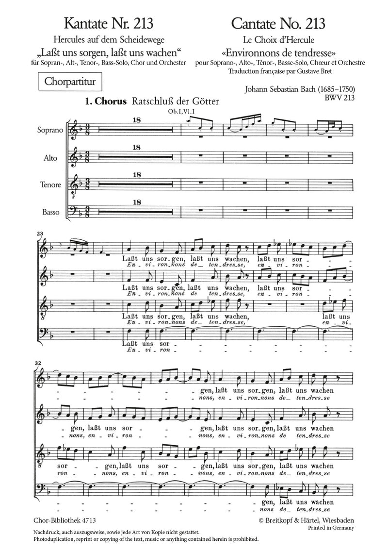 Kantate BWV 213 "Lasst uns sorgen, lasst uns wachen" [合唱楽譜]