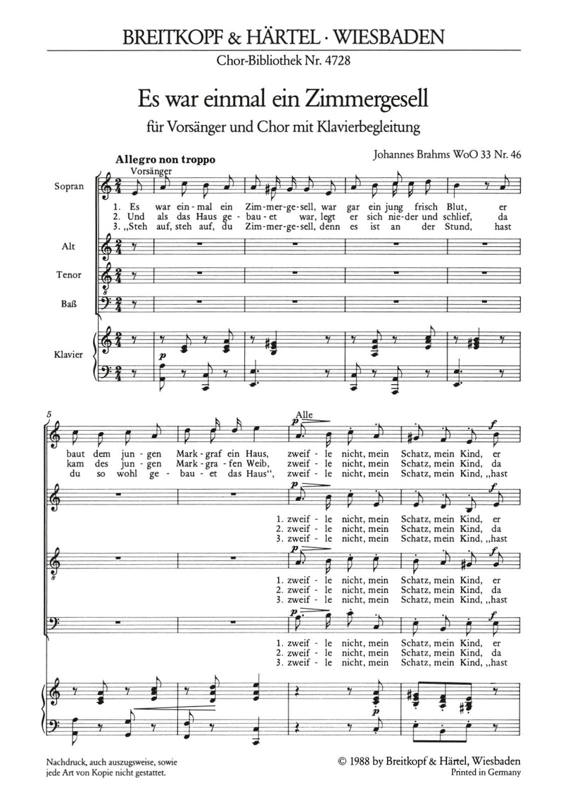 Deutsche Volkslieder WoO 33, No. 46 [合唱楽譜]