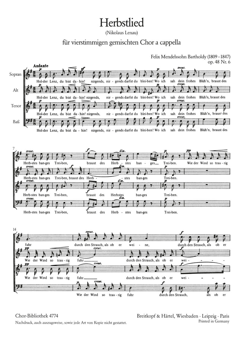 6 Lieder Op. 48, no. 6 [合唱楽譜]