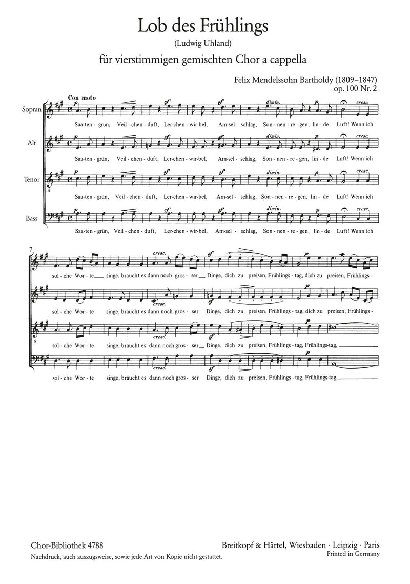 4 Lieder (Op. 100), no. 2 [合唱楽譜]