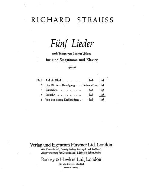 Fünf Lieder nach Gedichten von Ludwig Uhland op. 47/4, No. 4 Einkehr (low F major)