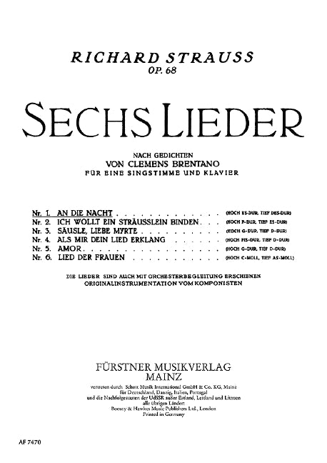 Sechs Lieder nach Gedichten von Clemens Brentano op. 68/1,Nr. 1 An die Nacht (hoch Es-Dur) (high, Eb Major)
