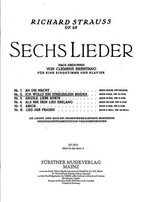 Sechs Lieder nach Gedichten von Clemens Brentano op. 68/2,Nr. 2 Ich wollt ein Sträußlein binden (hoch F-Dur) (high, F major)