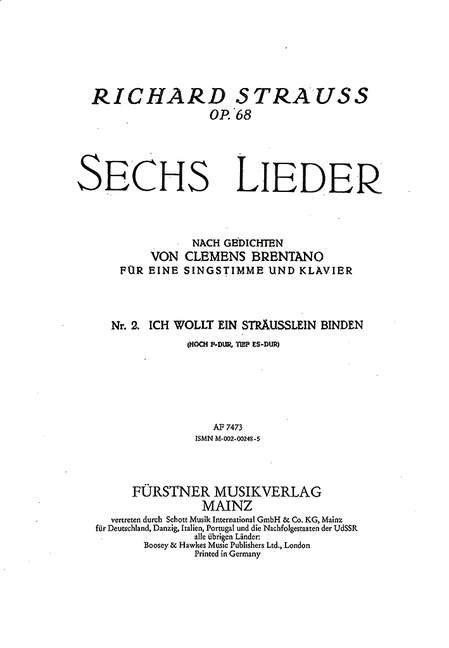Sechs Lieder nach Gedichten von Clemens Brentano op. 68/2,Nr. 2 Ich wollt ein Sträußlein binden (tief Es-Dur) (low, Eb major)