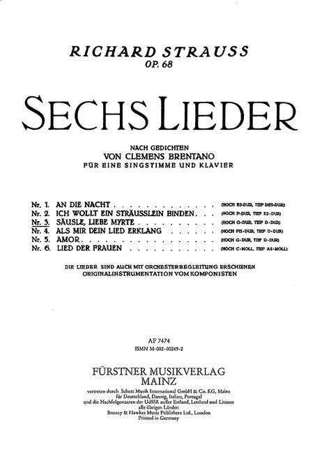 Sechs Lieder nach Gedichten von Clemens Brentano op. 68/3,Nr. 3 Säusle, liebe Myrthe! (hoch G-Dur) (high, G major)