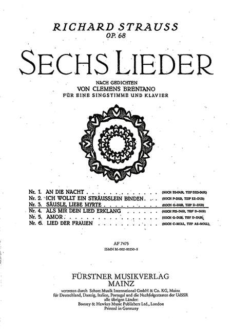 Sechs Lieder nach Gedichten von Clemens Brentano op. 68/3,Nr. 3 Säusle, liebe Myrthe! (tief D-Dur) (low, D major)