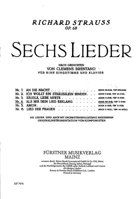 Sechs Lieder nach Gedichten von Clemens Brentano op. 68/4,Nr. 4 Als mir dein Lied erklang (hoch Fis-Dur) (high, F