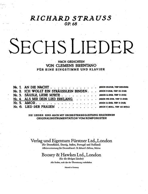 Sechs Lieder nach Gedichten von Clemens Brentano op. 68/4,Nr. 4 Als mir dein Lied erklang (tief D-Dur) (low, D major)