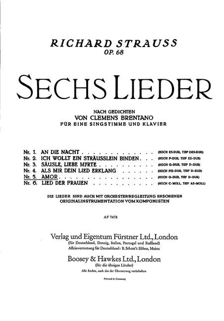 Sechs Lieder nach Gedichten von Clemens Brentano op. 68/5,Nr. 5 Amor (hoch G-Dur) (high, G major)