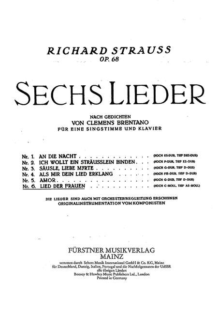 Sechs Lieder nach Gedichten von Clemens Brentano op. 68/6,Nr. 6 Lied der Frauen (hoch c-Moll) (high, C minor)