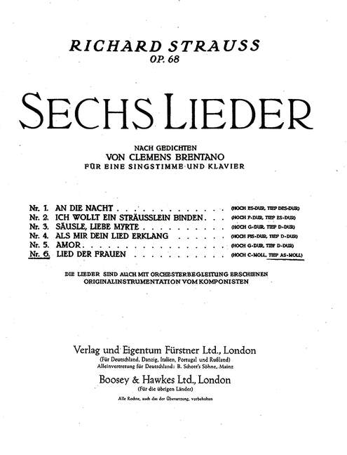 Sechs Lieder nach Gedichten von Clemens Brentano op. 68/6,Nr. 6 Lied der Frauen (tief as-Moll) (low, Ab minor)