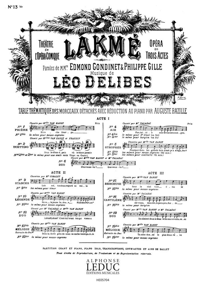 Lakme No 13 Bis Melodie Soprano Solo & Piano