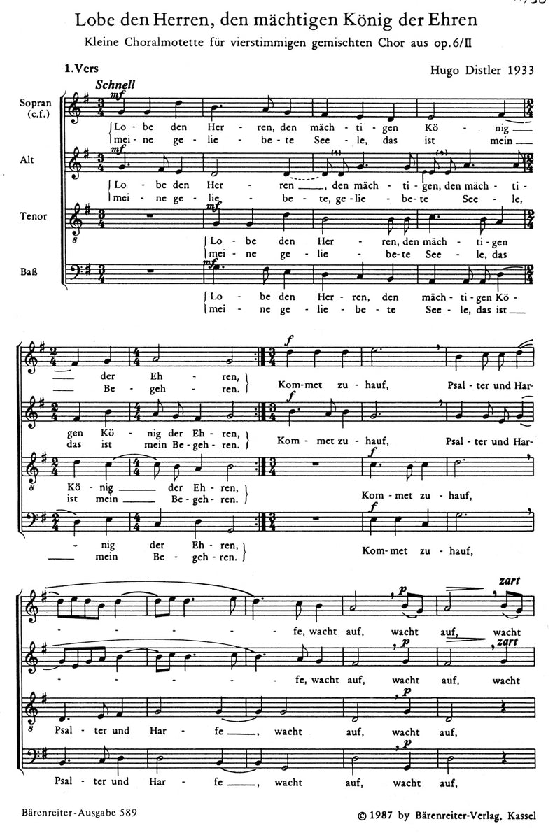 Lobe den Herren, den mächtigen König der Ehren op. 6/2, I (1933) -Chorale-motet- (Gothic print)