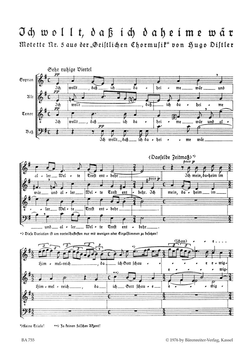 Ich wollt, daß ich daheime wär für vierstimmigen Chor a cappella Nr. 5 -Motette zum Totensonntag- (aus Geistliche Chormusik (1934-1941) op. 12)