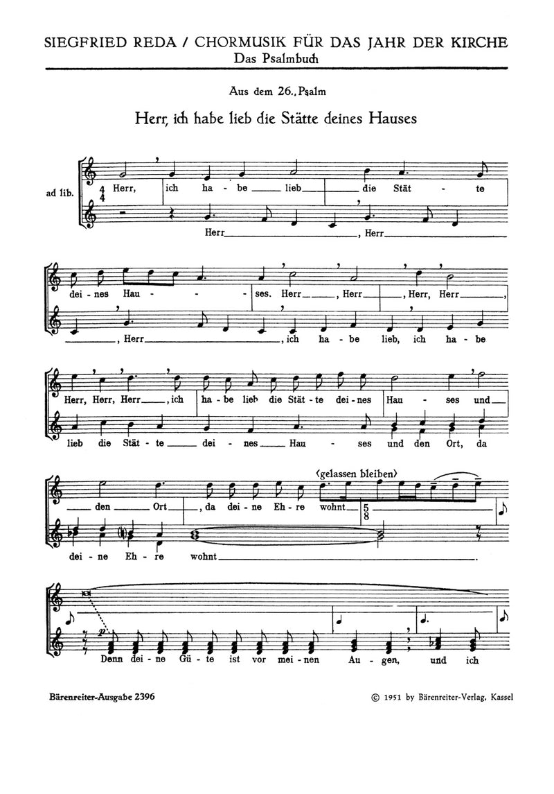 Zwei Psalmen für Mixed Choir -Psalm 26. Herr, ich habe lieb die Stätte (SSA) - Psalm 15. Herr, wer wird wohnen (SATB)- (aus "Das Psalmbuch" (1948))