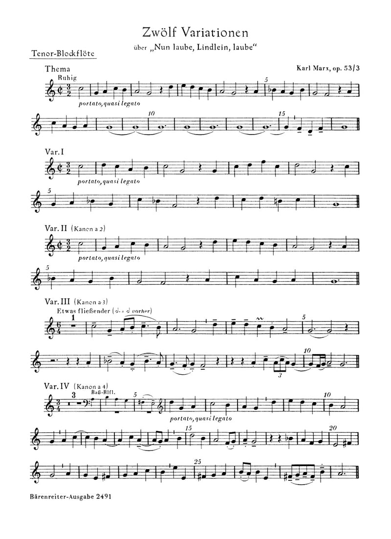 12 Variations on "Nun laube, Lindlein, laube" [tenor recorder part]