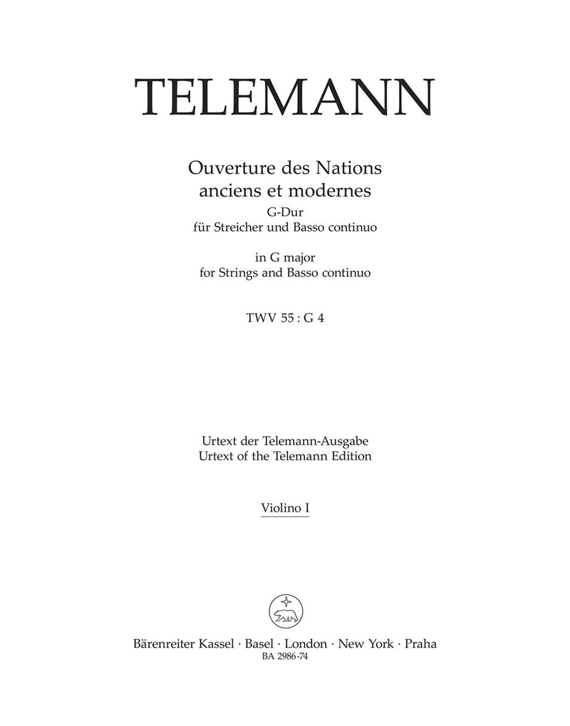 Ouvertüre des Nations anciens et modernes für Streicher und Basso continuo TWV 55:G4 [violin 1 part]