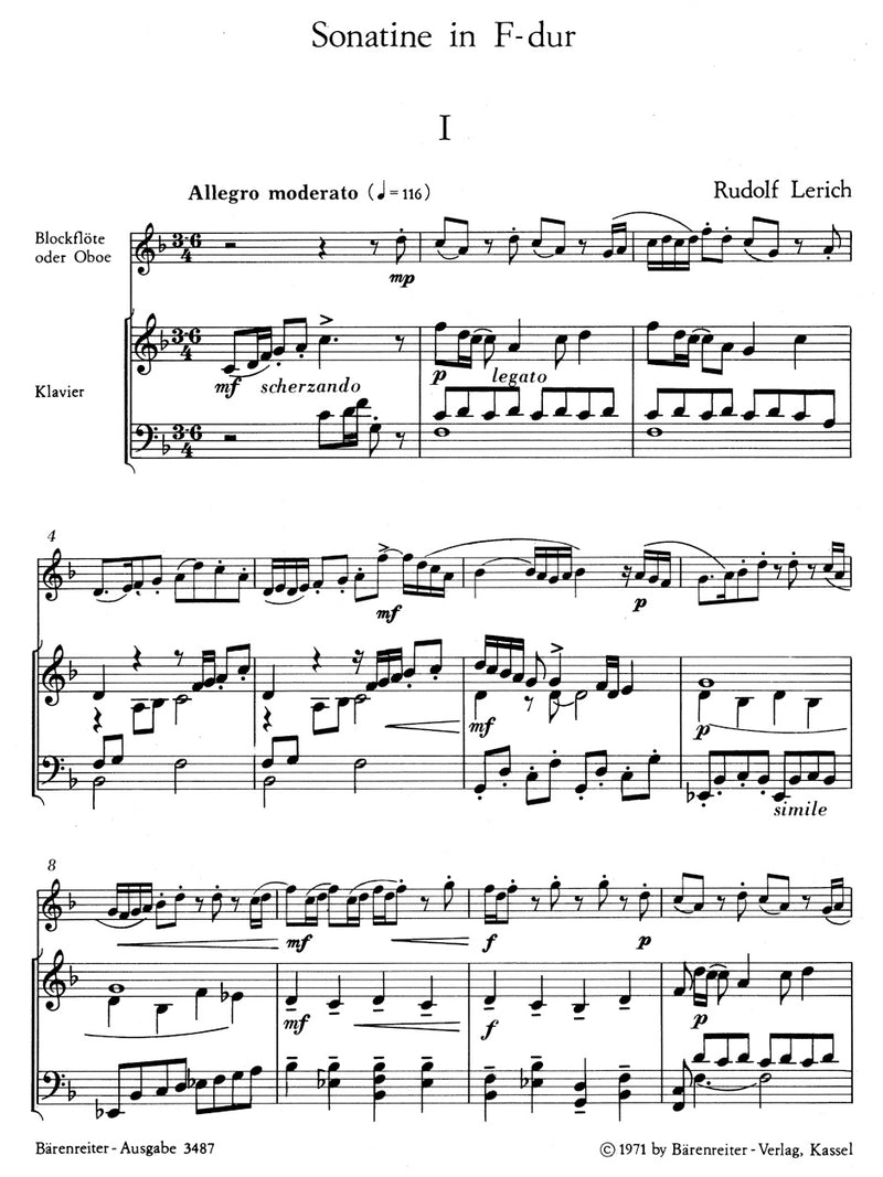 Sonatine für Blockflöte oder Oboe und Klavier F-Dur (1970)