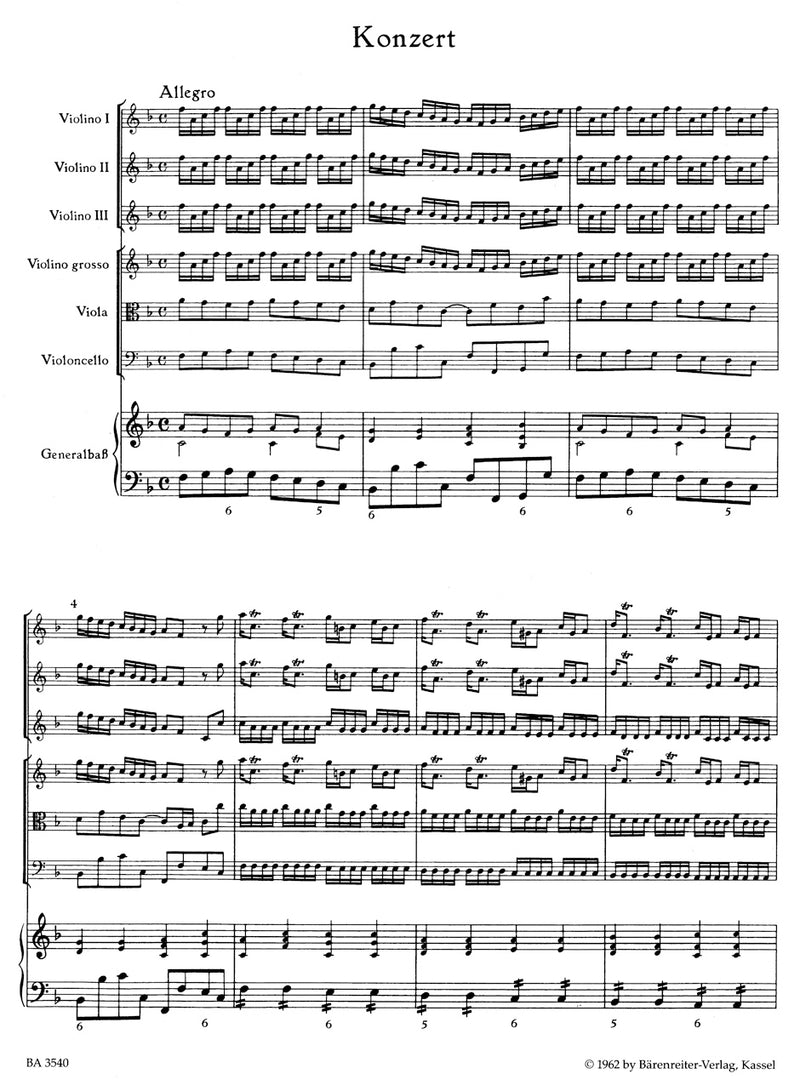 Concerto for three Violins, Strings and Basso Continuo F major TWV 53:F1 (Tafelmusik II) [score]