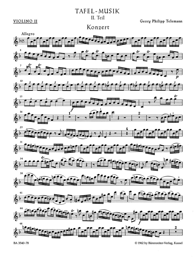 Concerto for three Violins, Strings and Basso Continuo F major TWV 53:F1 (Tafelmusik II) [violin solo2 part]