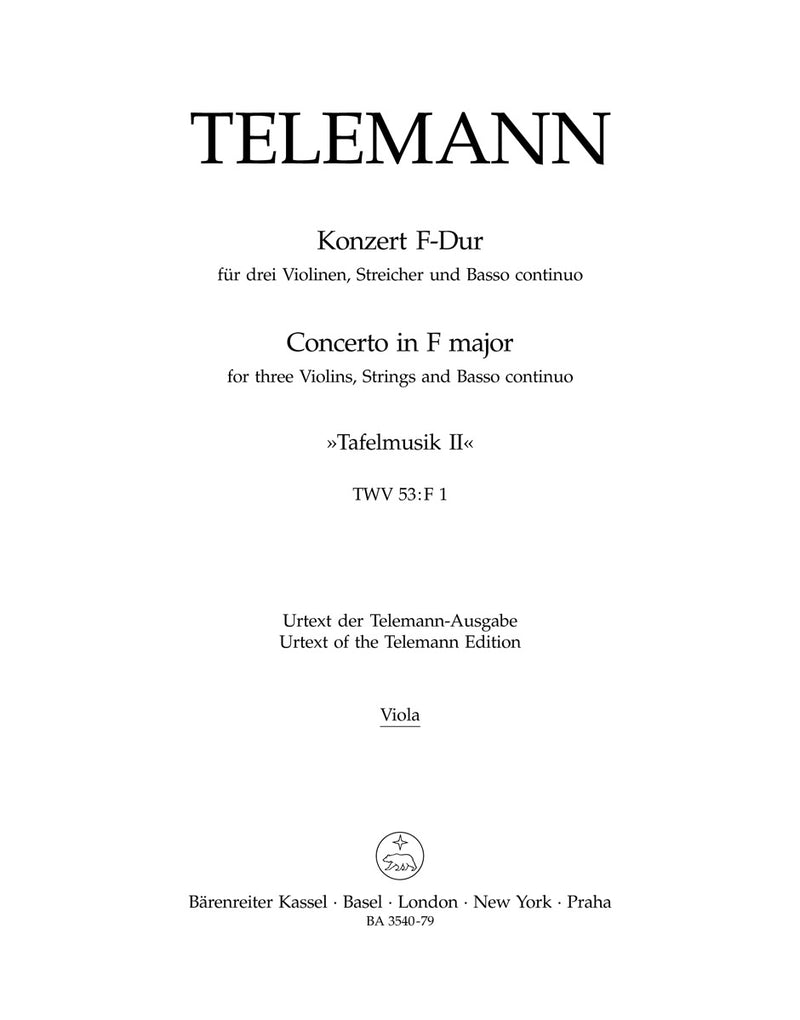 Concerto for three Violins, Strings and Basso Continuo F major TWV 53:F1 (Tafelmusik II) [viola part]