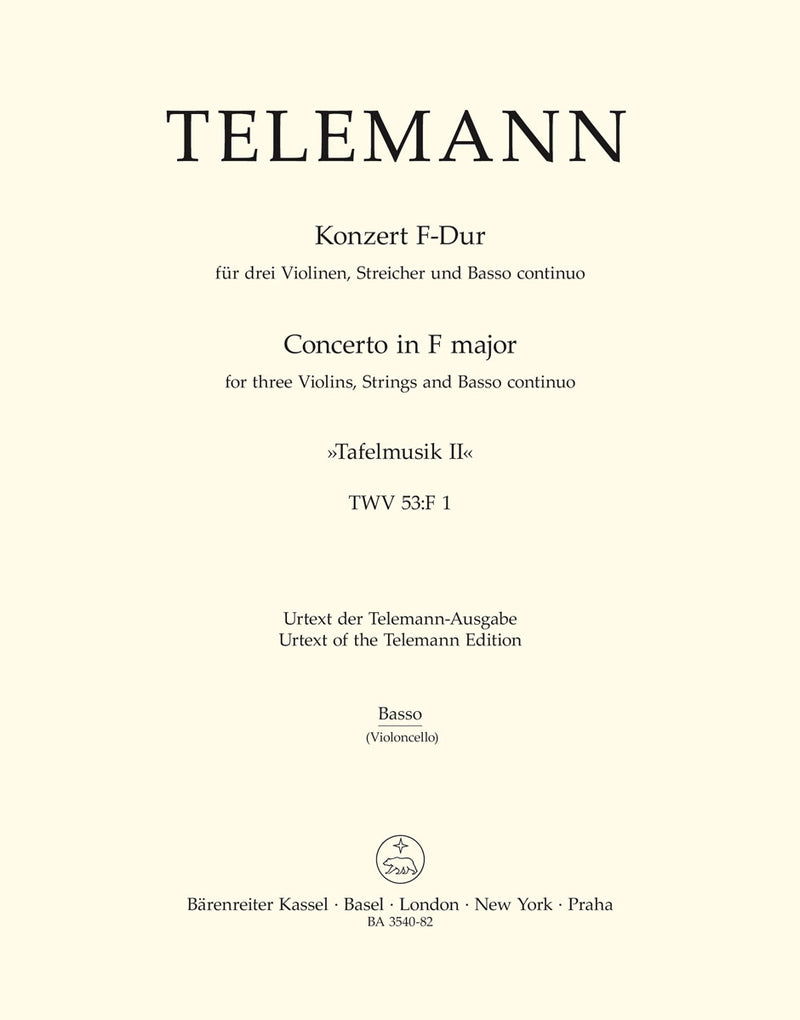 Concerto for three Violins, Strings and Basso Continuo F major TWV 53:F1 (Tafelmusik II) [cello/double bass part]