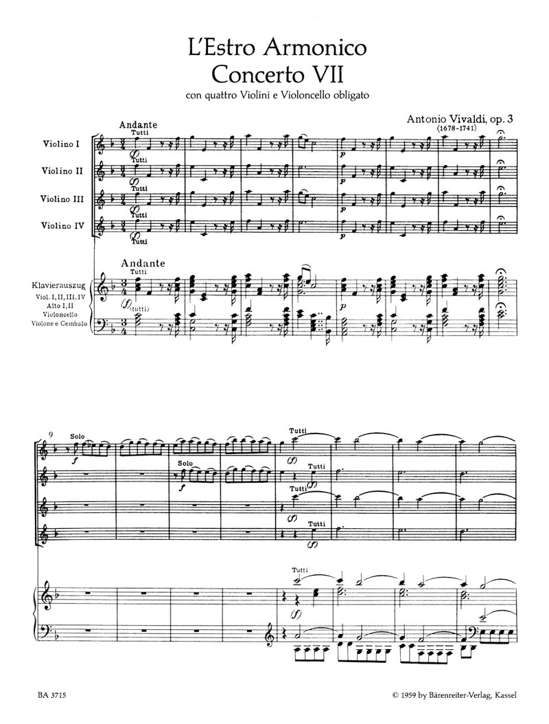 Concerto no. 7 f major (from L'Estro armonico, op. 3)（ピアノ・リダクション）