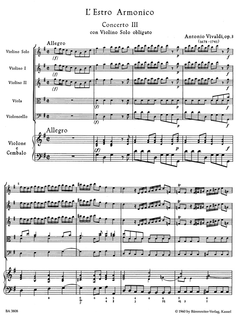 Concerto no. 3 G major RV 310 (from L'Estro armonico, op. 3) [score]