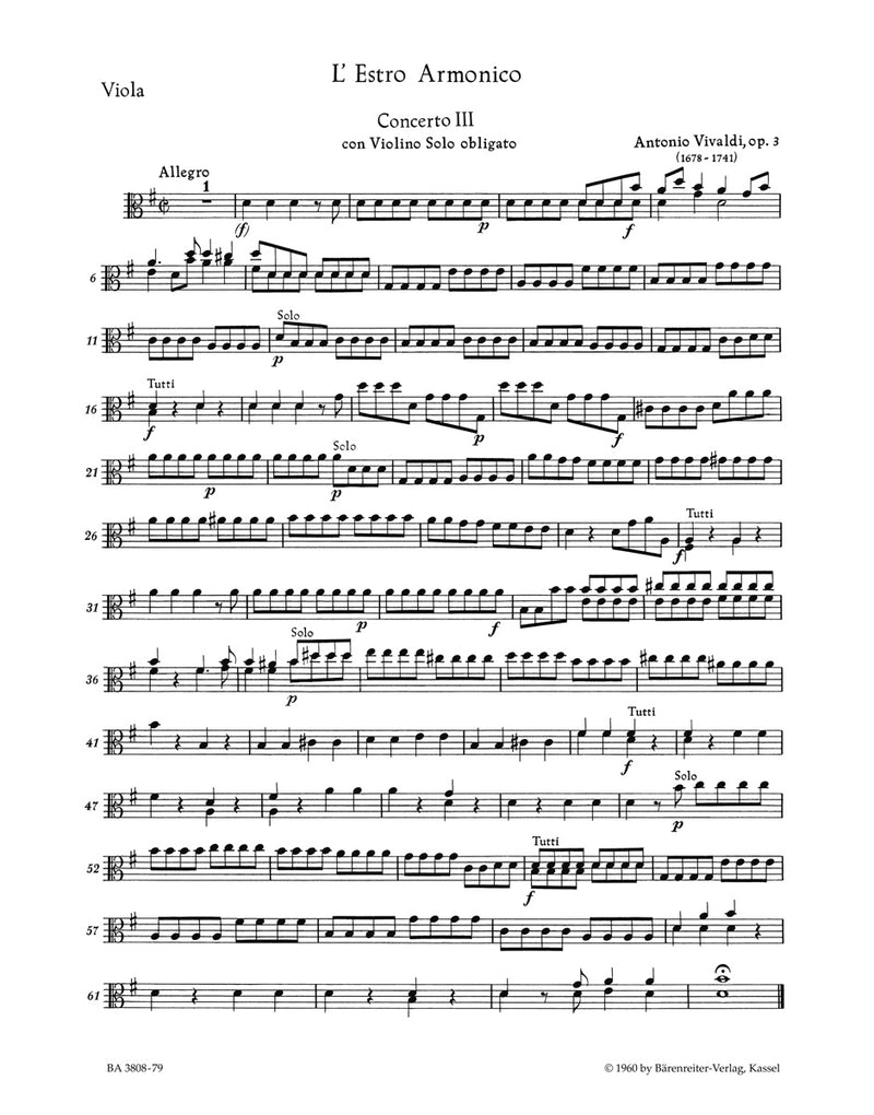 Concerto no. 3 G major RV 310 (from L'Estro armonico, op. 3) [viola part]