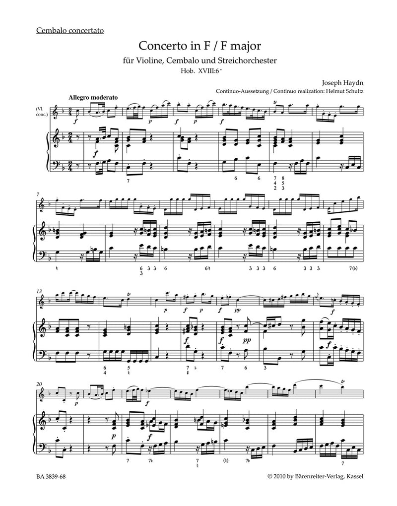 Concerto for Violin, Harpsichord and String Orchestra F major Hob XVIII:6* [harpsichord part]