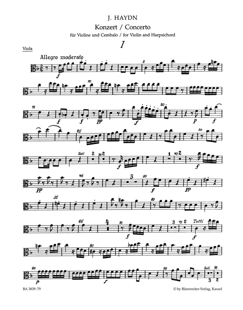 Concerto for Violin, Harpsichord and String Orchestra F major Hob XVIII:6* [viola part]
