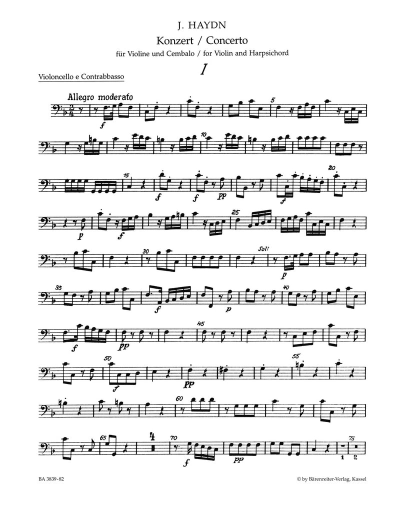 Concerto for Violin, Harpsichord and String Orchestra F major Hob XVIII:6* [cello/double bass part]