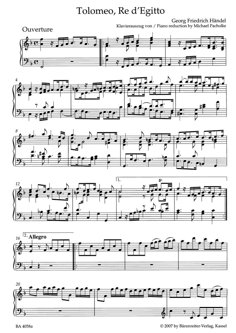Tolomeo, Re d'Egitto HWV 25 （ヴォーカル・スコア）
