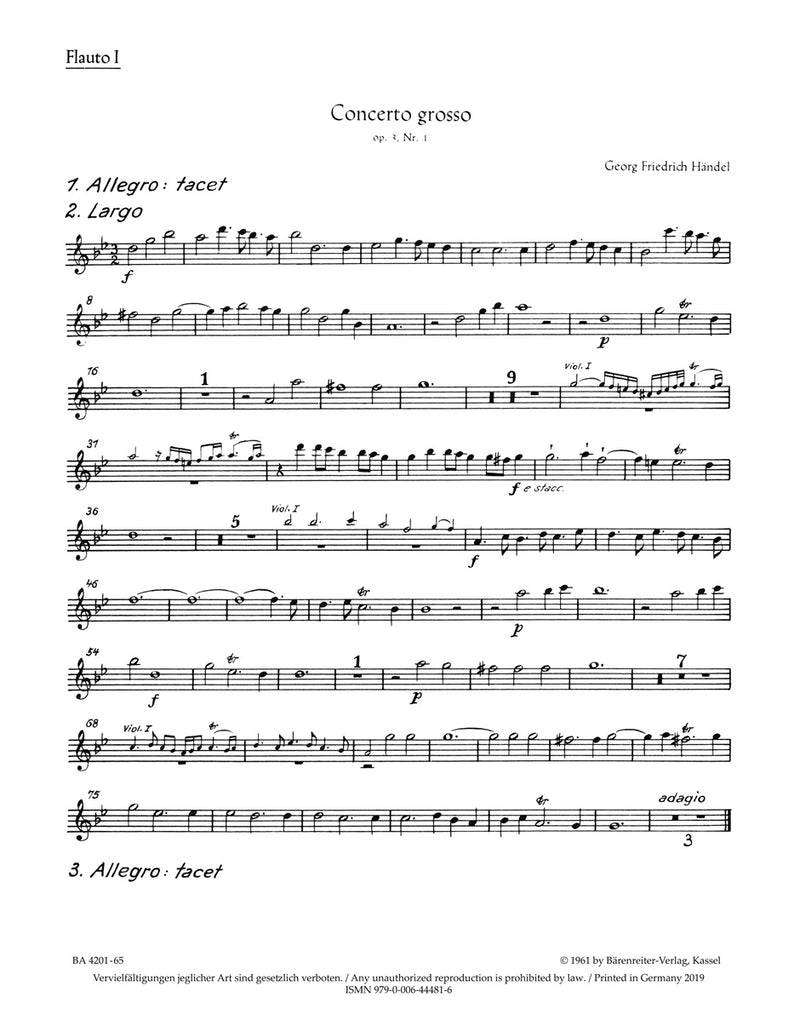 Concerto grosso B-Dur op. 3/1 HWV 312 [set of wind parts]