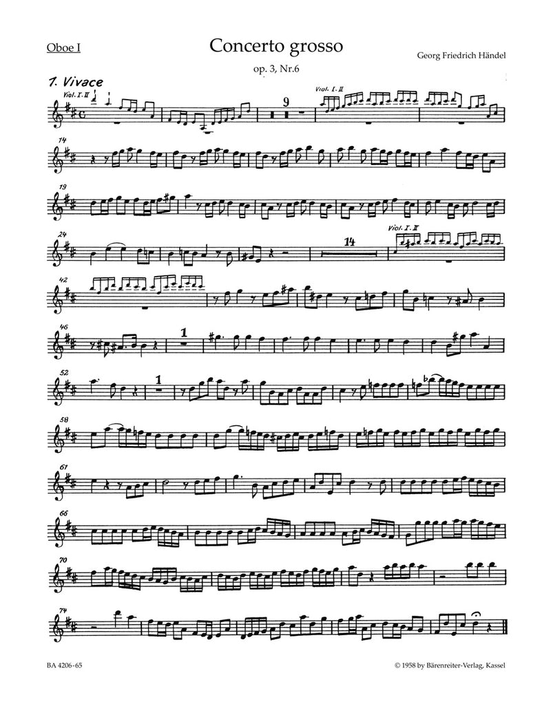 Concerto grosso D major op. 3/6 HWV 317 (Set of wind parts)